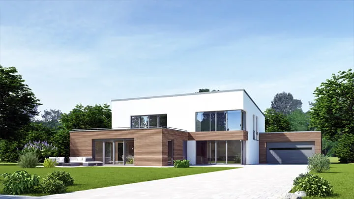 Modern house with large glass sliding doors and wooden accents, illustrating friction control solution