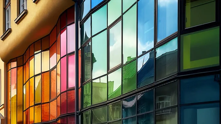Colorful glass facade with reflective panels